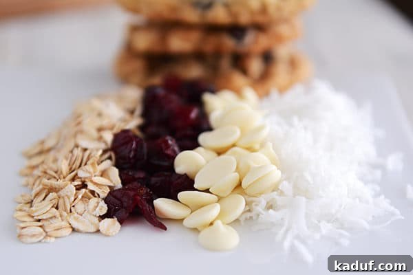 Decadent White Chocolate Craisin Coconut Oatmeal Cookies 3 Individual piles of oats, craisins, white chocolate chips, and shredded coconut, ready for baking.