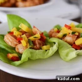 Tropical Shrimp Mango Lettuce Wraps 5 A close-up of two shrimp and mango lettuce wraps on a white plate.