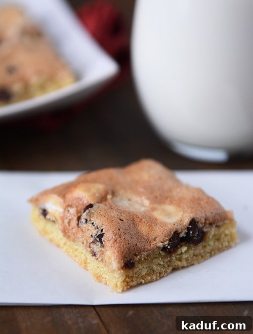 S'mores Cookie Bars 2 A chocolate chip cookie bar with a meringue topping, showcasing its delightful layers.
