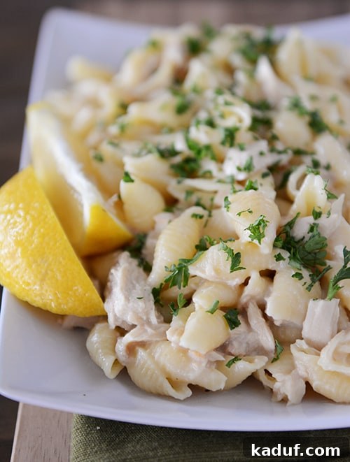 Effortless Creamy Tuna Pasta 3 A white platter with creamy tuna and pasta shells, garnished with fresh lemon slices and parsley.