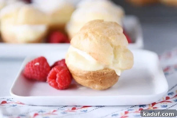 Effortless Cream Puff Perfection 4 A perfectly rounded, powdered sugar-dusted mini cream puff sits on a white plate, accompanied by a few fresh raspberries.