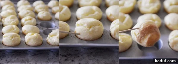 Effortless Cream Puff Perfection 5 A visual collage showing multiple perfectly baked cream puffs nestled in a mini muffin tin, showcasing their ideal rise and golden color.