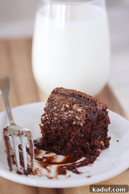 A half-eaten piece of chocolate fudge cake on a white plate with a fork on the side, highlighting its moist texture and chocolate chip layer.