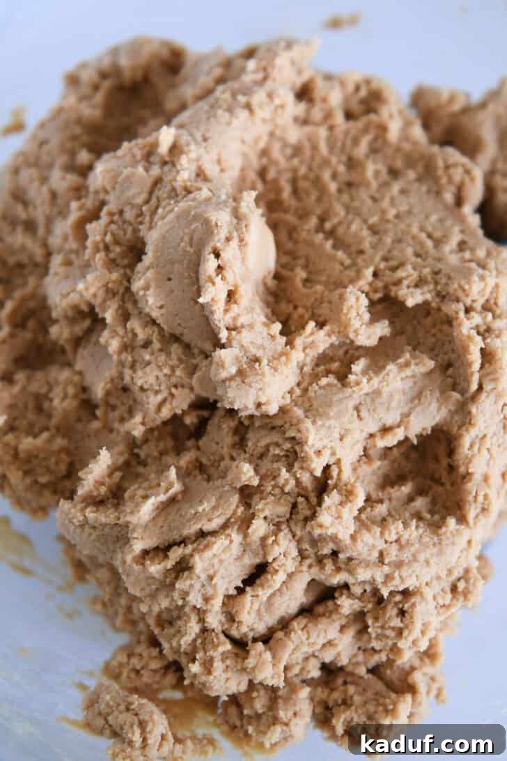 Irresistible Peanut Butter Cookies 6 Mass of perfectly mixed peanut butter cookie dough in a glass bowl, ready for scooping and baking.