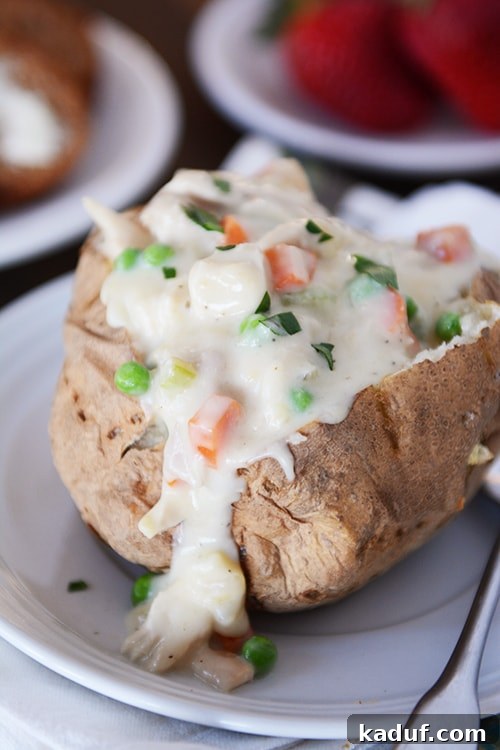 Loaded Chicken Pot Pie Spud 2 A baked potato on a white plate, split open and generously filled with creamy chicken pot pie sauce, tender chicken, and vibrant vegetables. A true comfort food masterpiece.