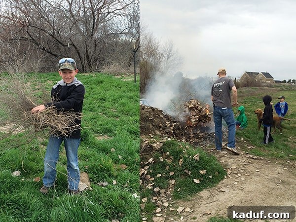 Week 8 Training Review 4 A family gathers around a burning pile of yard waste in their backyard, a scene of teamwork and seasonal work.
