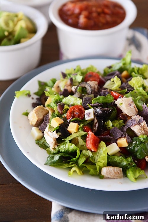 A beautifully arranged white plate showcasing a generous serving of Mexican Chopped Chicken Salad, brimming with colorful chicken cubes, cheese cubes, sliced olives, and vibrant bell peppers, all garnished with fresh cilantro.