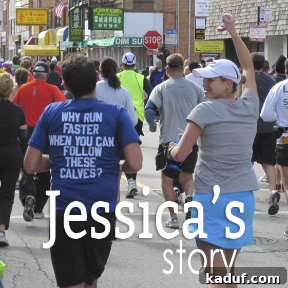 Her Name Was Jessica 2 A group of enthusiastic runners crossing the finish line, celebrating their achievement in a marathon.