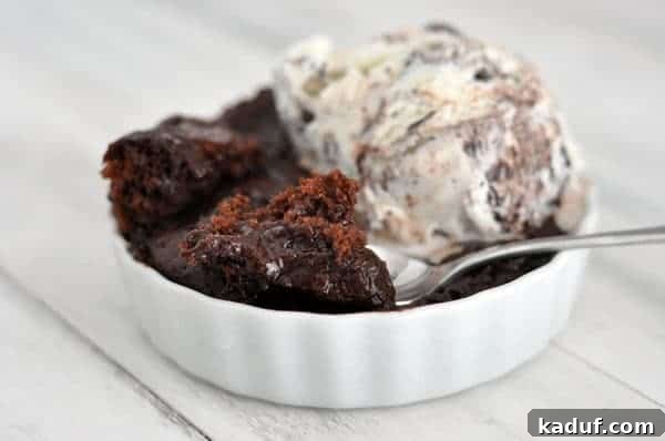 Molten Fudge Pudding Dream 3 Small white ramekin with chocolate cake and a scoop of vanilla ice cream.