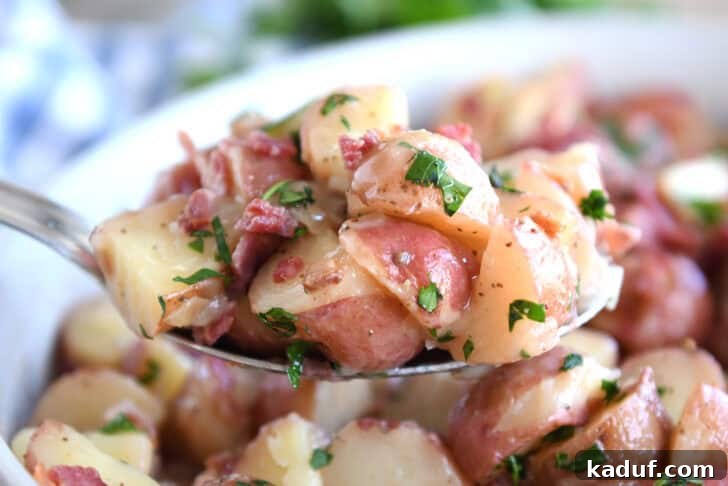 Rustic German Potato Salad 9 A metal spoon taking a large scoop of German potato salad out of a white oval dish, showcasing its delicious texture and vibrant ingredients.