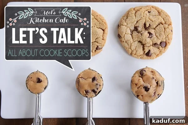 Cookie Scoops And Beyond Many Clever Kitchen Uses 2 Raw cookie dough in scoops in front of baked chocolate chip cookies of varying sizes, highlighting the importance of precise portioning in baking.