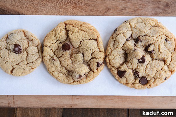 Cookie Scoops And Beyond Many Clever Kitchen Uses 3 Top view of a small, medium, and large baked chocolate chip cookie, demonstrating how scoop size influences the final product.