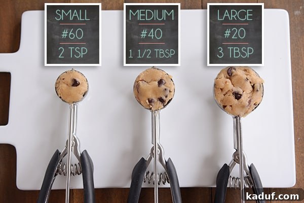 Cookie Scoops And Beyond Many Clever Kitchen Uses 4 Small, medium, and large cookie scoops filled with raw cookie dough, clearly illustrating the different capacities of each scoop.