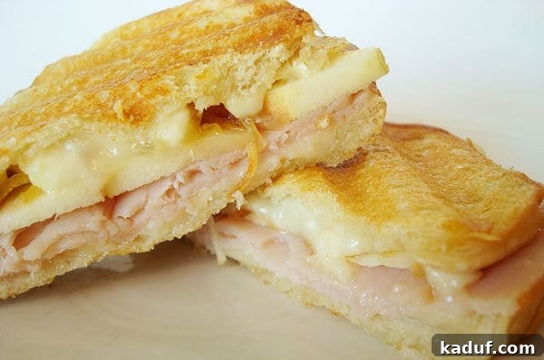 Smoked Turkey Brie Apple Panini 3 A delectable turkey and brie panini, perfectly grilled and cut in half, showcasing its gooey melted cheese and vibrant fillings, served on a pristine white plate.