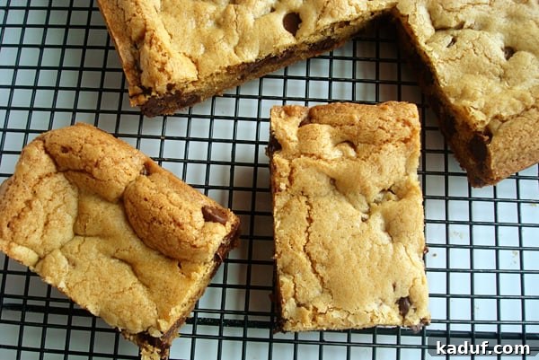 Decadent Thick and Chewy Chocolate Chip Cookie Bars 6 A large, perfectly baked chocolate chip cookie bar slab, uncut, displaying its golden-brown top and rich texture.