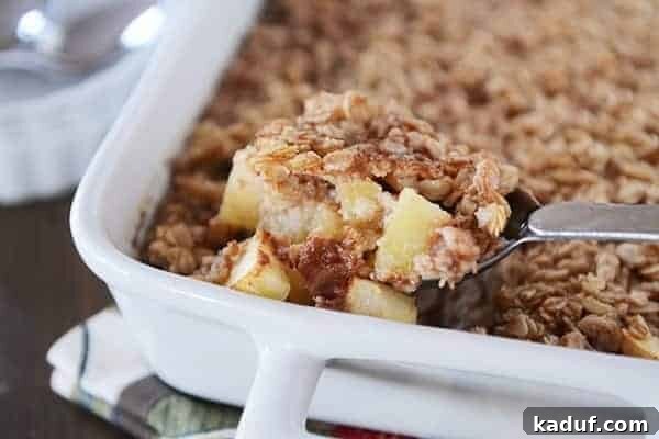 Homestyle Apple Cinnamon Baked Oatmeal 3 A spoon taking a bite full of baked oatmeal with tender apple chunks, scooped from a white baking dish.