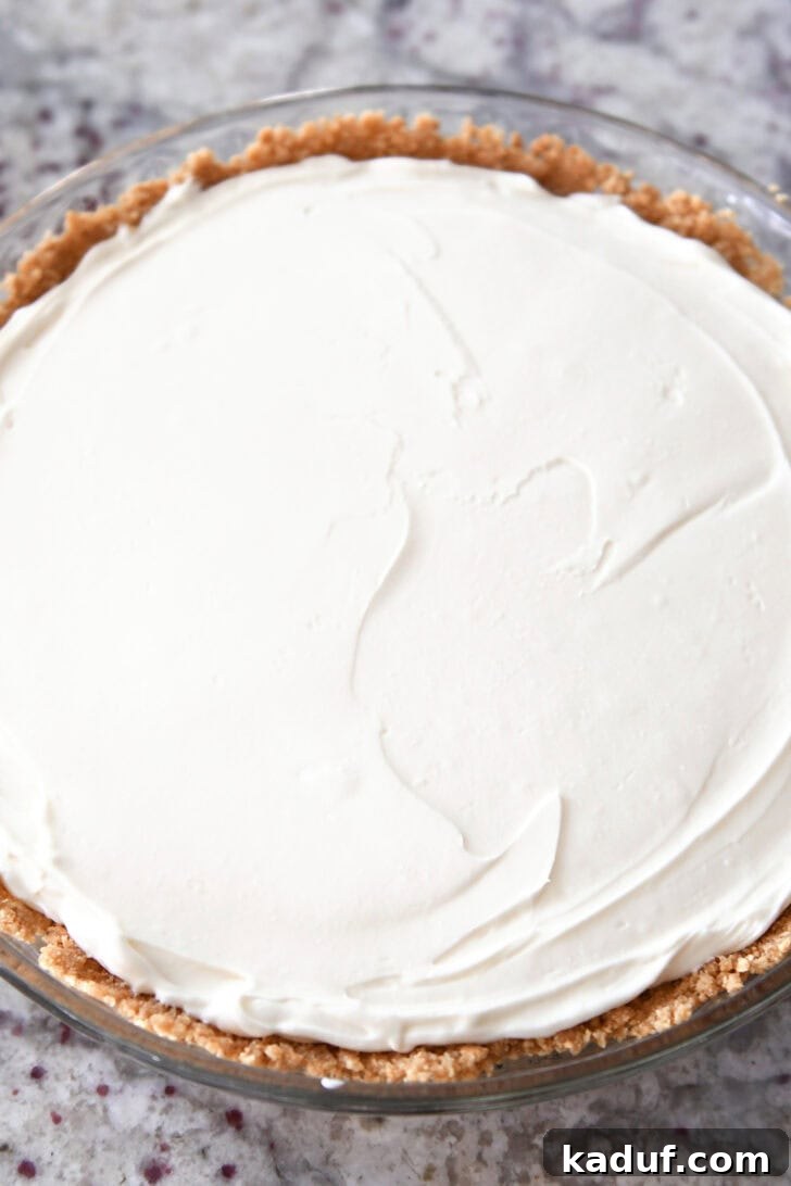 Ultimate No-Bake Cheesecake 6 Top down view of a completed no-bake cheesecake with a golden graham cracker crust, set firmly in a clear glass pie dish, ready to be chilled.
