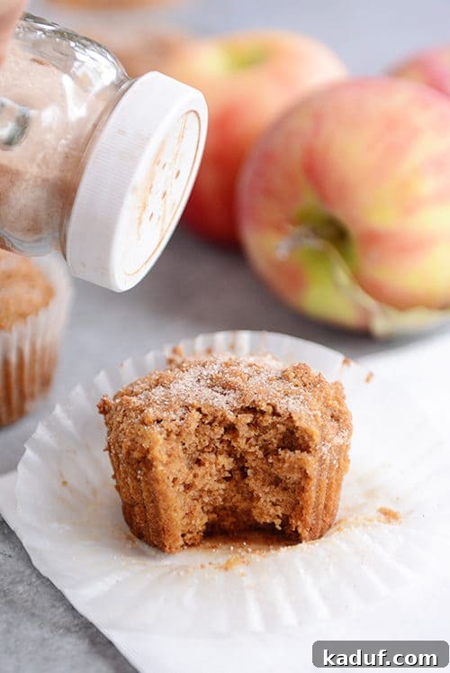 Wholesome Apple Cinnamon Muffins 2 A muffin with a bite taken out getting cinnamon and sugar dusted on top.