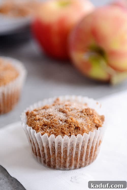 Wholesome Apple Cinnamon Muffins 3 A sugar-dusted muffin in a white liner with apples in the background.