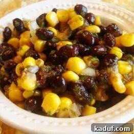A top-down view of the delicious Balsamic Black Bean Salsa in a serving bowl.