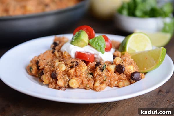 Effortless Skillet Quinoa Enchiladas 3 A white plate showcasing a beautiful serving of quinoa enchilada casserole, generously topped with creamy sour cream, fresh avocado slices, diced tomatoes, and a bright lime wedge.