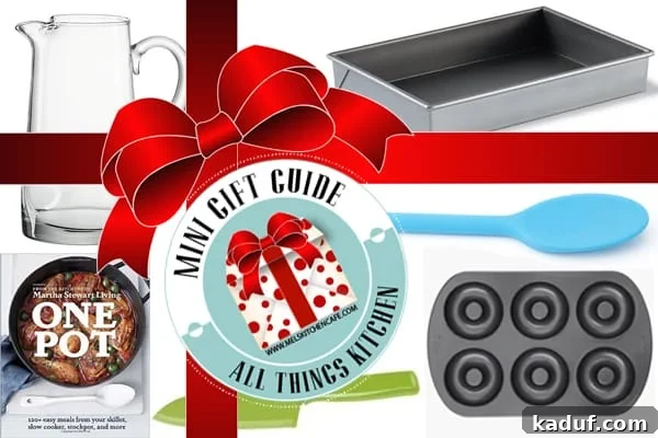 Mel's Mini Holiday Kitchen Gift Guide 2 A vibrant collage of popular kitchen items, including a stand mixer, bakeware, utensils, and cookbooks, beautifully tied together with a festive red digital bow, representing the perfect kitchen gift guide.