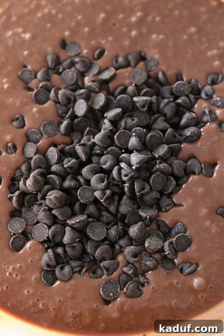Velvet Chocolate Fudge Bundt 4 Overhead shot of rich, dark chocolate cake batter speckled with numerous vibrant chocolate chips, patiently waiting to be baked.