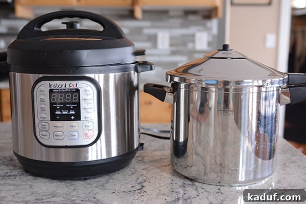 Exploring Pressure Cooking Benefits Types and Resources 11 Two pressure cookers, one stovetop and one electric Instant Pot, sit side-by-side on a clean kitchen counter, showcasing both options.