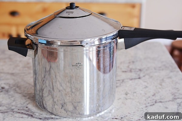 Exploring Pressure Cooking Benefits Types and Resources 3 A sleek stainless steel stovetop pressure cooker rests on a dark granite countertop in a modern kitchen setting.