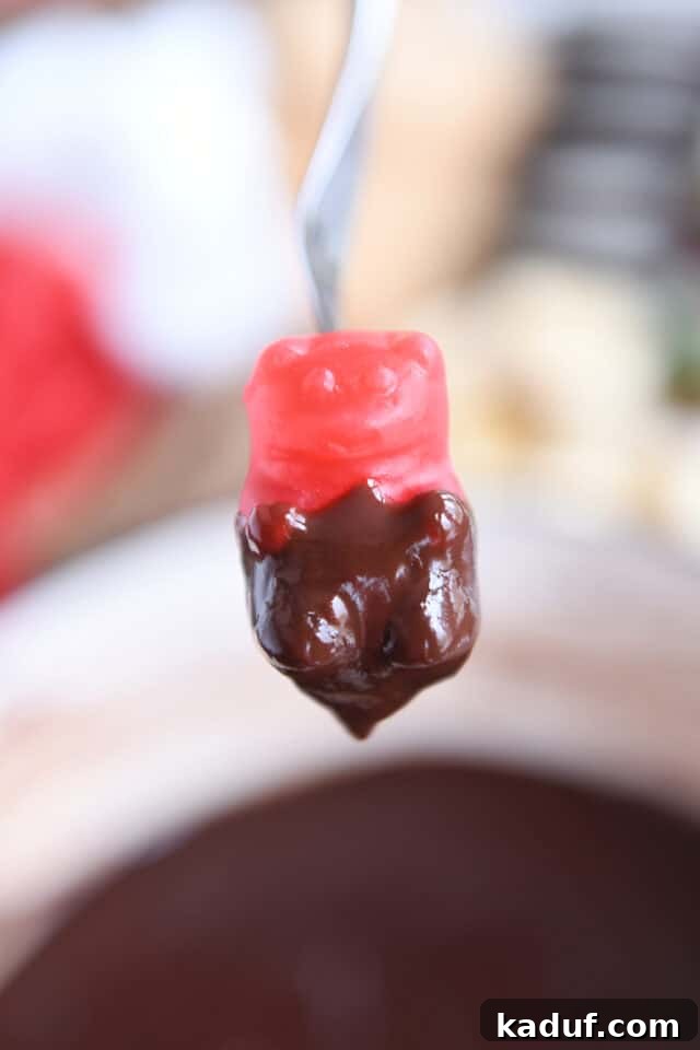 Decadent Chocolate Fondue 8 A cinnamon bear being dipped into luxurious chocolate fondue, a surprising but delicious combination.