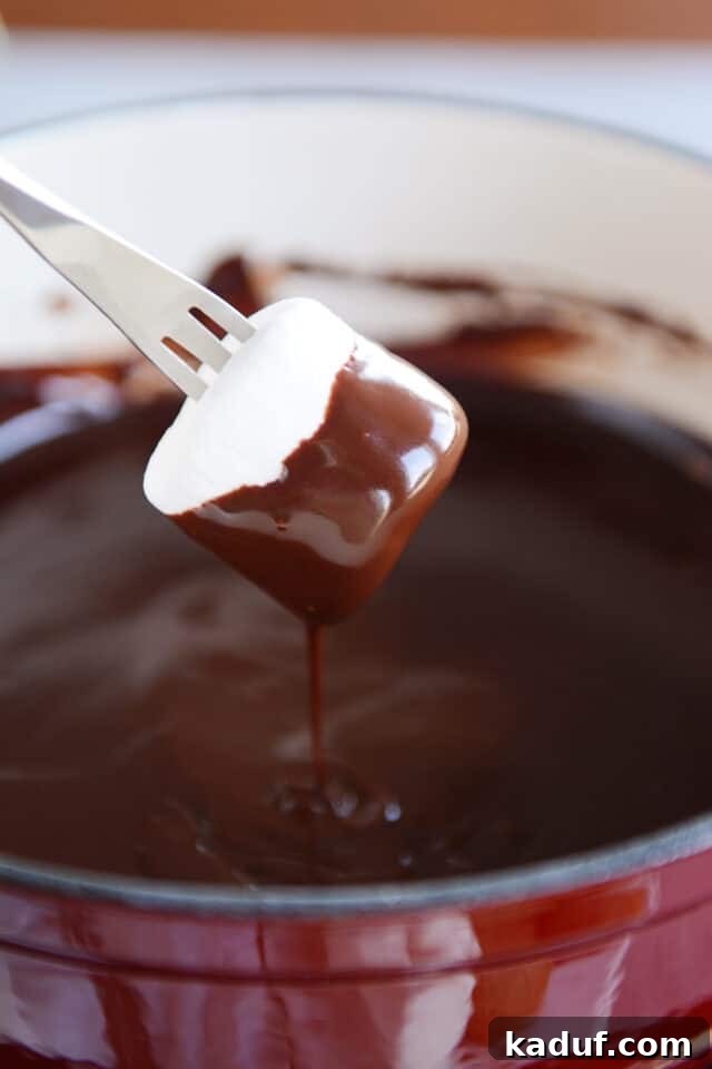 Decadent Chocolate Fondue 9 A marshmallow being dipped into the rich, inviting chocolate fondue.