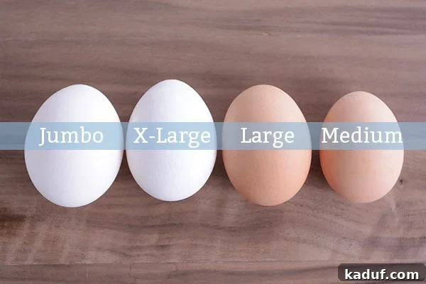 Why Egg Size Isn't Just a Number 5 A jumbo, extra large, large, and medium egg laying next to each other, illustrating their relative sizes visually.