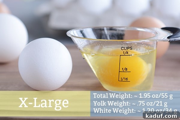 Why Egg Size Isn't Just a Number 7 An extra large egg cracked into a measuring cup with a raw extra large egg next to it, demonstrating its volume.