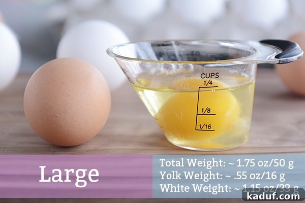Why Egg Size Isn't Just a Number 8 A large egg cracked in a liquid measuring cup with a raw egg next to it, showing the standard volume for most recipes.