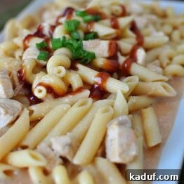 A delicious bowl of BBQ Chicken Pasta ready to be served.