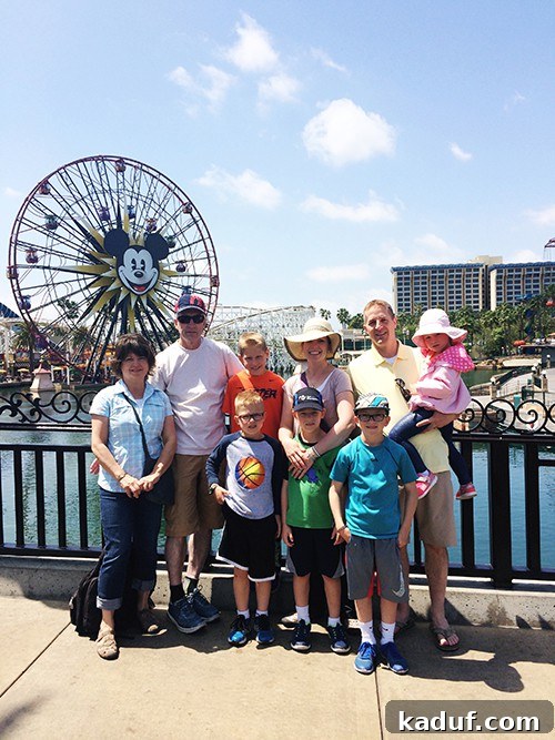 The Chill Girl's Disneyland Playbook 2 A family taking a picture in front of Mickey Mouse ferris wheel at Disney California Adventure.