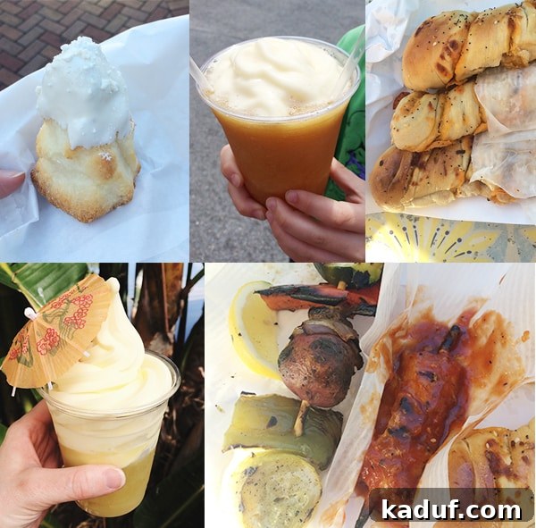 The Chill Girl's Disneyland Playbook 7 A collage of six different delicious foods and meals, including corn dogs, churros, and sandwiches, enjoyed at Disneyland.