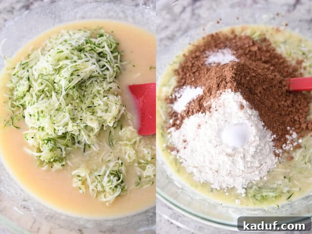 Ultimate Chocolate Zucchini Indulgence 4 A two-part image showing the process: first, shredded zucchini being mixed into a light-colored cake batter in a large bowl, and second, dry ingredients including flour and cocoa powder being added to the batter.