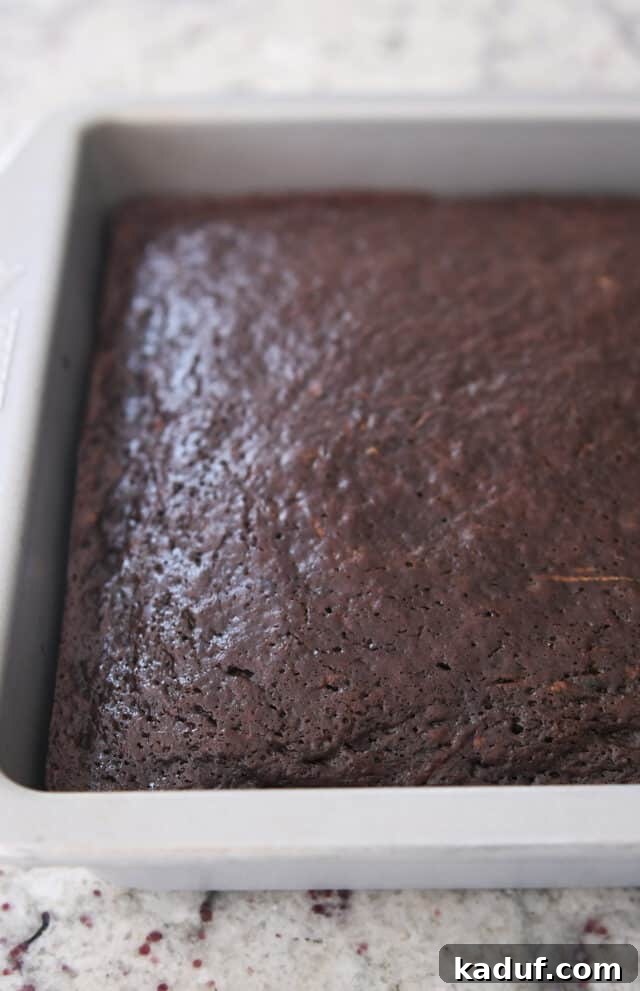 Ultimate Chocolate Zucchini Indulgence 6 A perfectly baked chocolate zucchini cake resting in a metal 9x13-inch baking pan, its top golden and inviting.