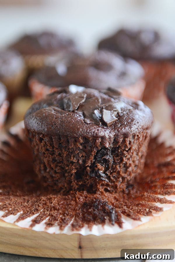 Fudgy Double Chocolate Chunk Muffins 4 A freshly baked double chocolate chunk muffin, still in its striped liner, resting on a flat surface.