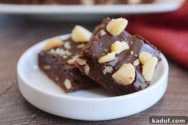 Hawaiian Chocolate Macadamia Brownies 3 Two perfectly frosted chocolate macadamia nut brownies, stacked neatly on a small white ramekin, highlighting their luxurious fudge topping.