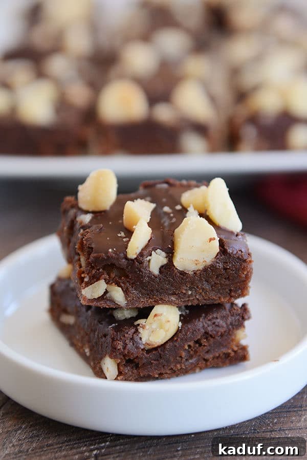 Hawaiian Chocolate Macadamia Brownies 5 Two perfectly stacked chocolate macadamia brownies resting inside a small white ramekin, ready for indulgence.