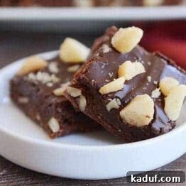 A top-down view of perfectly baked Hawaiian Brownies, glistening with fudge and sprinkled with macadamia nuts.