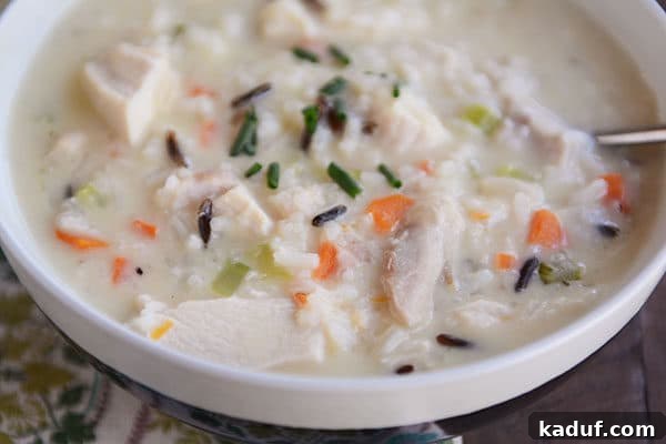 Hearty Creamy Chicken and Wild Rice Soup 2 A beautifully presented white bowl of creamy chicken and wild rice soup, ready to be enjoyed, with a spoon resting invitingly on the side.