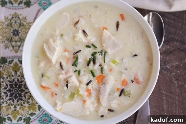Hearty Creamy Chicken and Wild Rice Soup 4 A vibrant top-down view of a white bowl filled with creamy chicken, tender vegetables, and nutty wild rice soup.