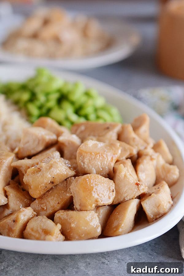 Effortless 20-Minute Skillet Honey Garlic Chicken 2 A plate of glazed golden brown cooked chicken cubes, ready to be served.