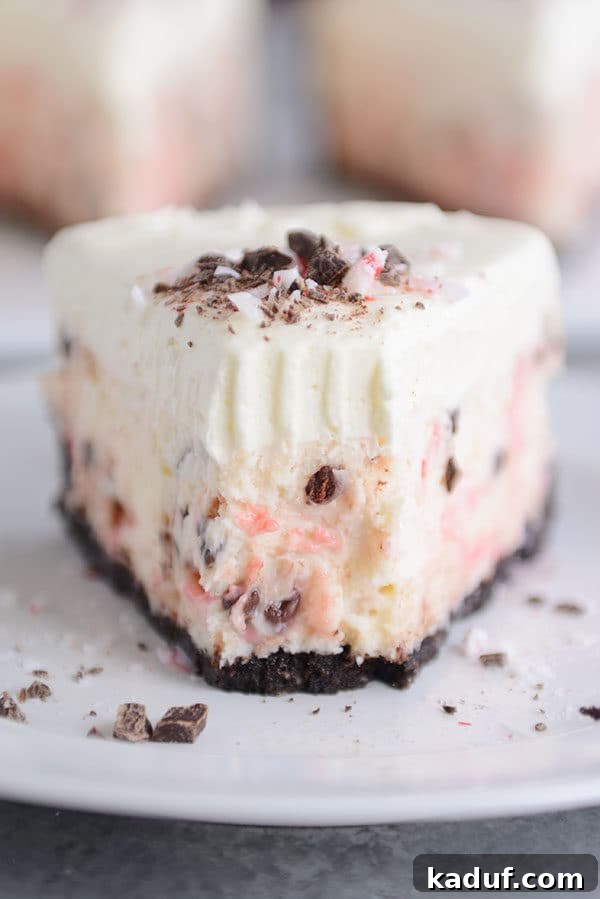 White Chocolate Mousse Cheesecake with Peppermint Bark 4 A close-up, front view of a slice of white chocolate peppermint cheesecake with a delightful bite taken out.