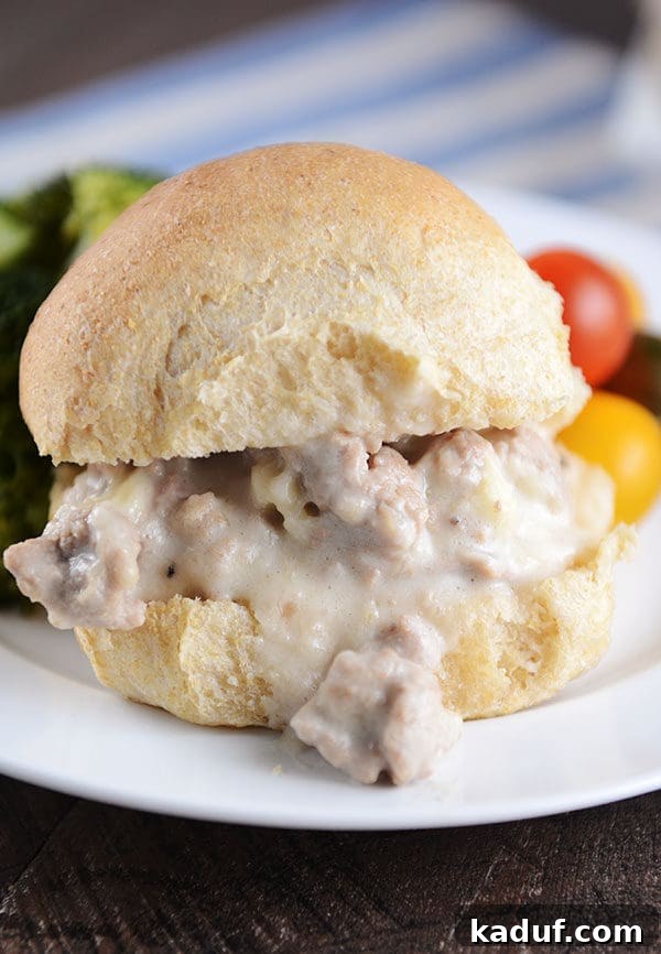 A creamy turkey swiss sloppy joe on a whole wheat roll on a white plate with fresh veggies next to it.