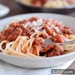 A serving of quick weeknight homemade spaghetti sauce over noodles, garnished with herbs.
