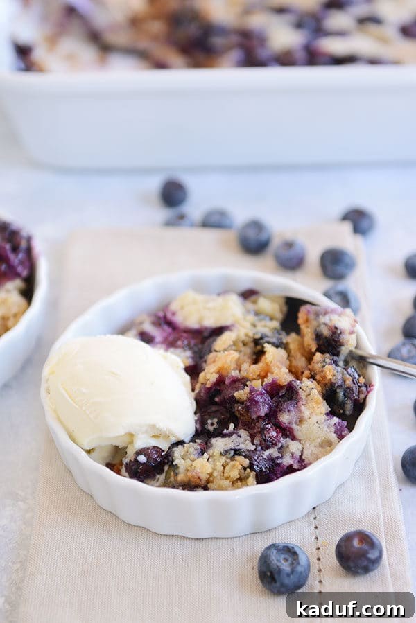 Effortless Blueberry Dump Cake 3 A white ramekin full of luscious blueberry dump cake, perfectly baked, with a generous scoop of vanilla ice cream on the side, ready to be enjoyed.